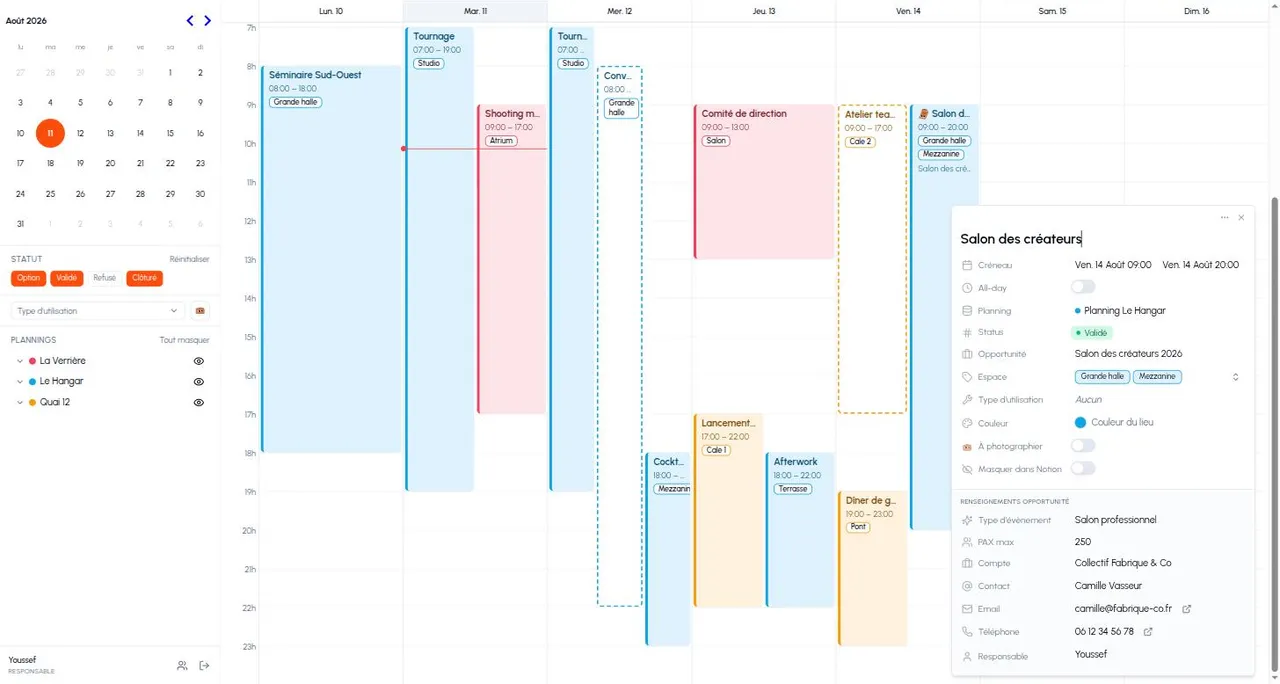 One click on the event opens its record: account, contact, amount, PAX, owner. All from the CRM, in real time.