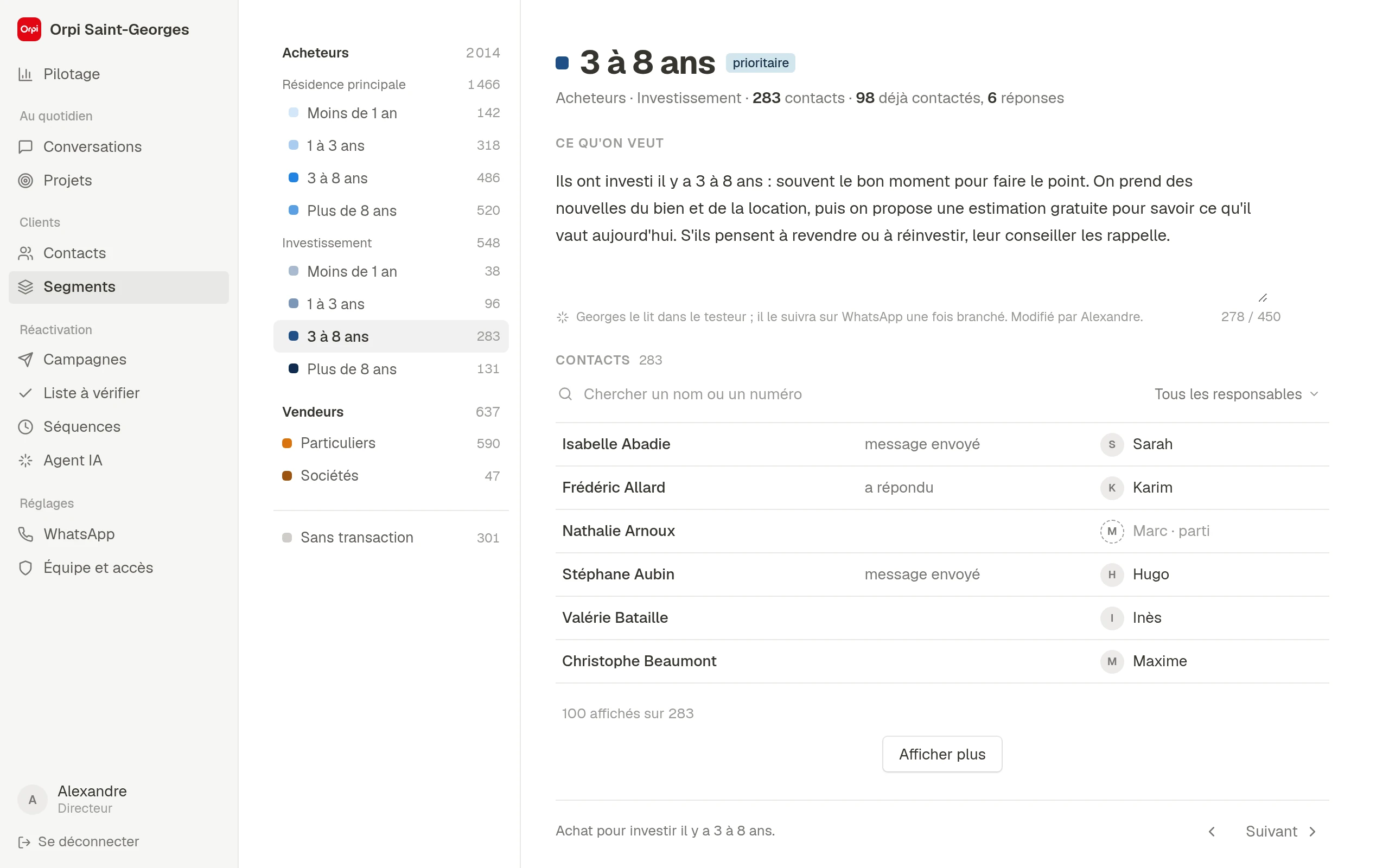 La liste des segments et leur nombre de contacts