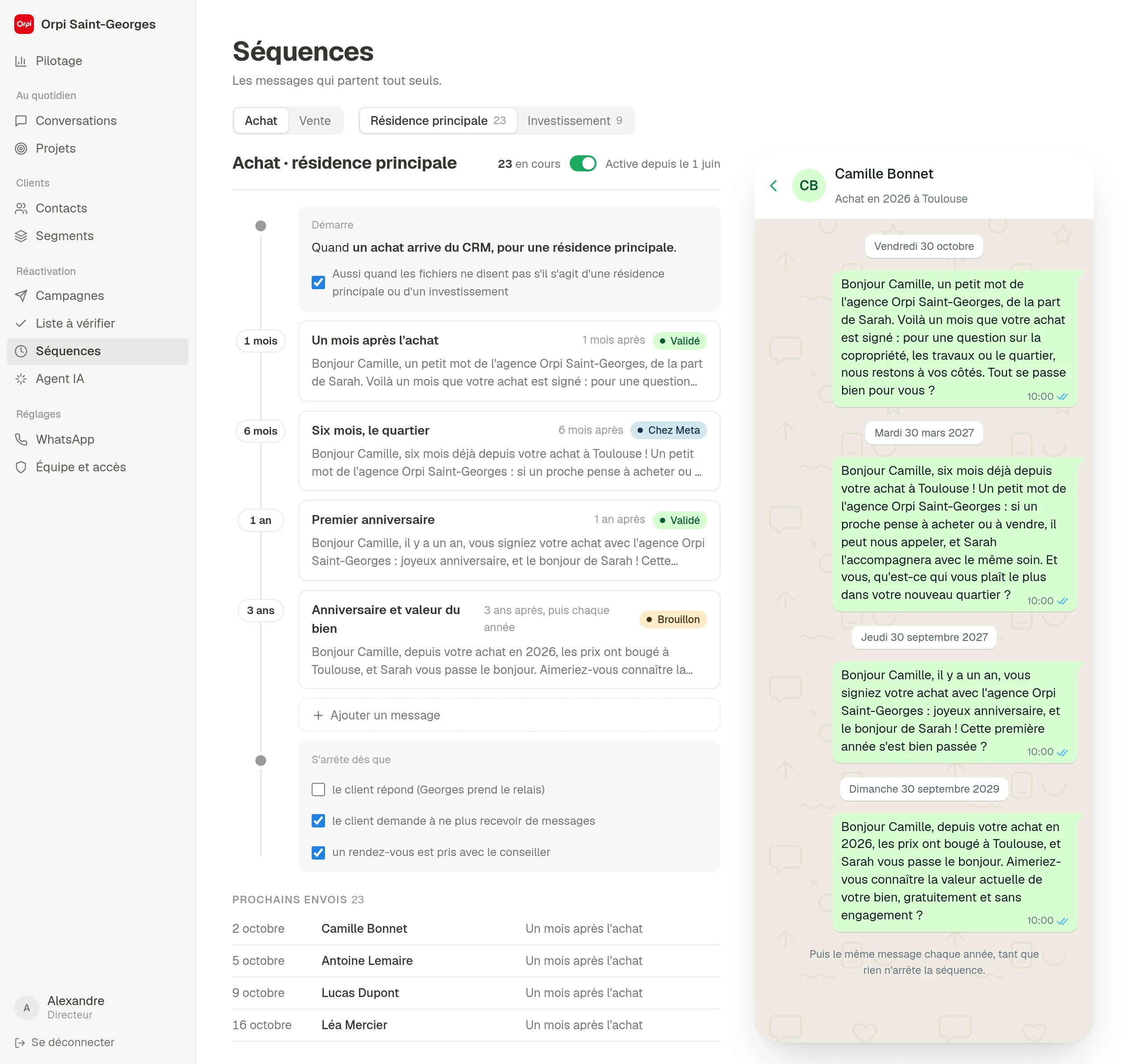 La frise des messages envoyés après une signature, par cas