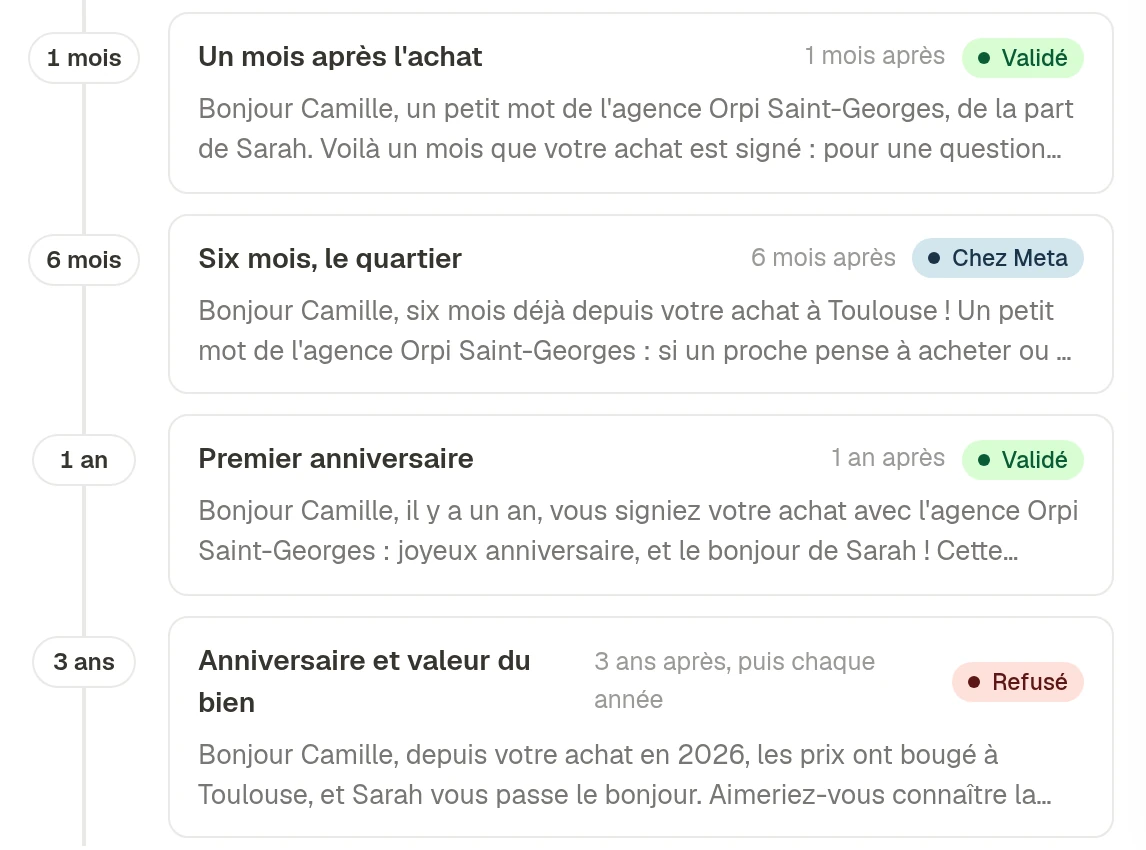Des modèles de messages et leur statut chez Meta : validé, en cours de validation, refusé